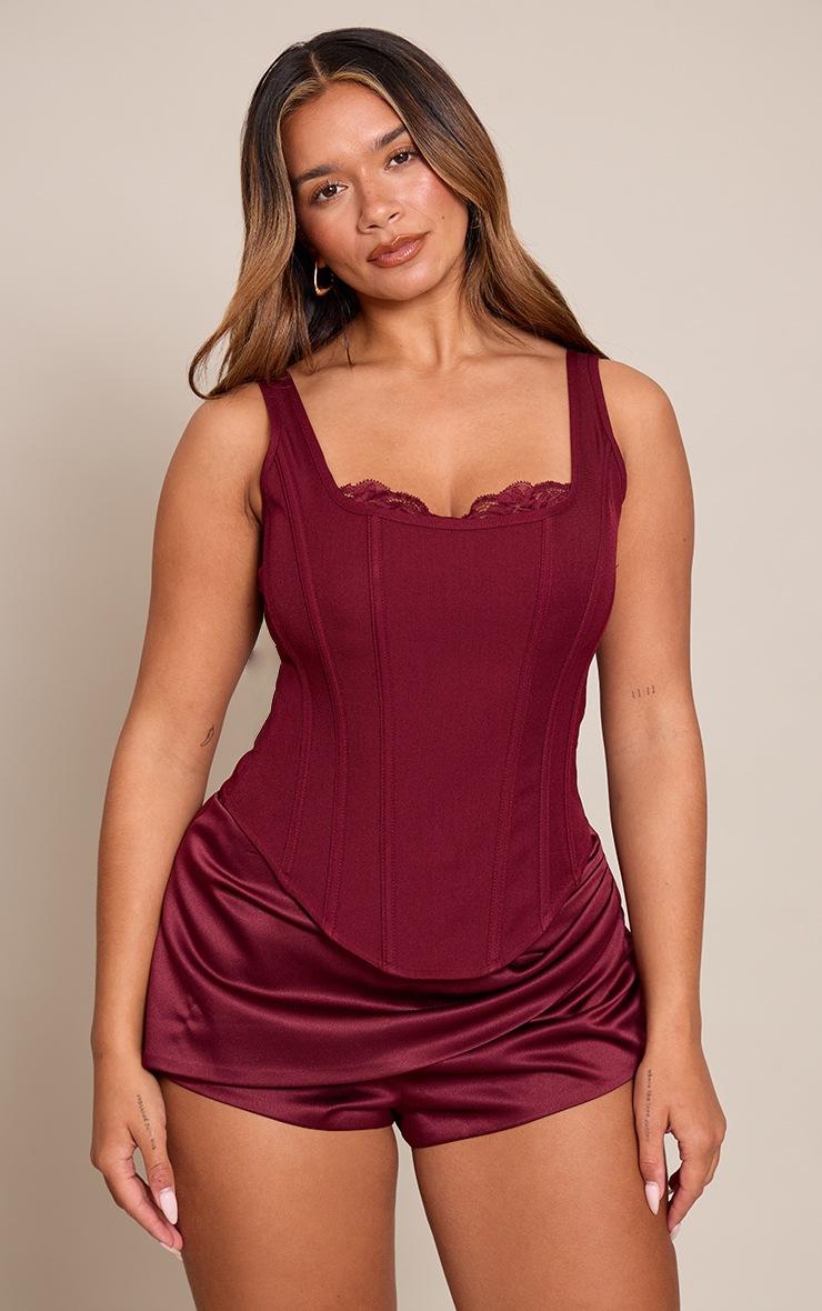 Pretty Little Thing Shape Burgundy Square Neck Lace Trim Longline Corset Top