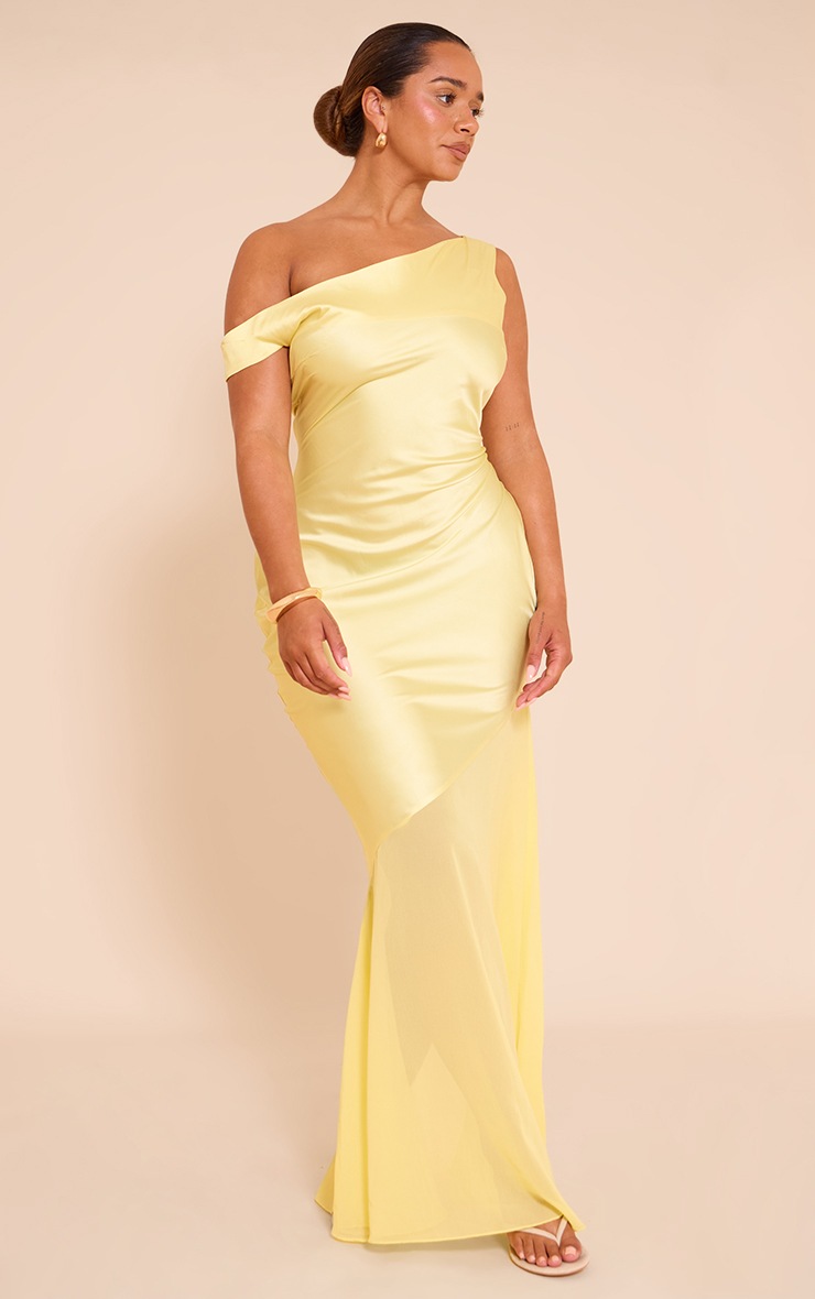 Pretty Little Thing Shape Butter Cream Satin Off Shoulder Contrast Sheer Hem Maxi Dress