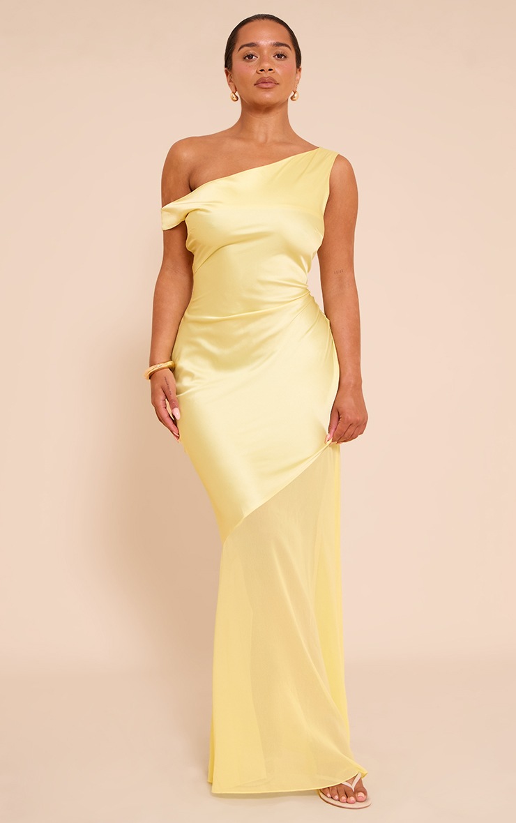 Pretty Little Thing Shape Butter Cream Satin Off Shoulder Contrast Sheer Hem Maxi Dress