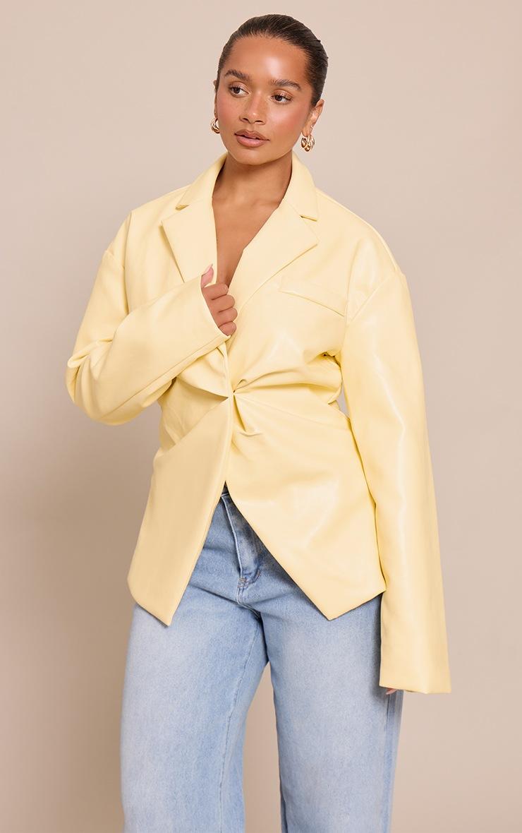 Pretty Little Thing Shape Butter Yellow Faux Leather Cinched Waist Blazer