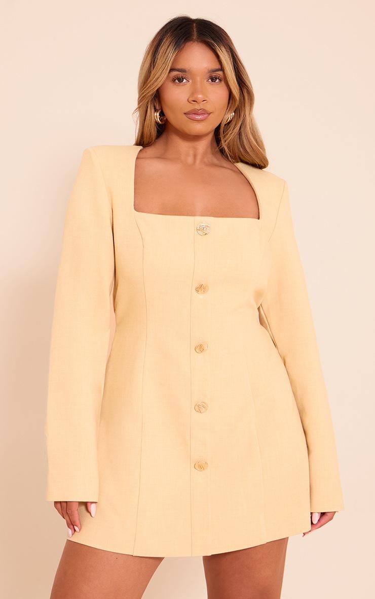 Pretty Little Thing Shape Butter Yellow Tailored Square Neck Hammered Button Mini Dress