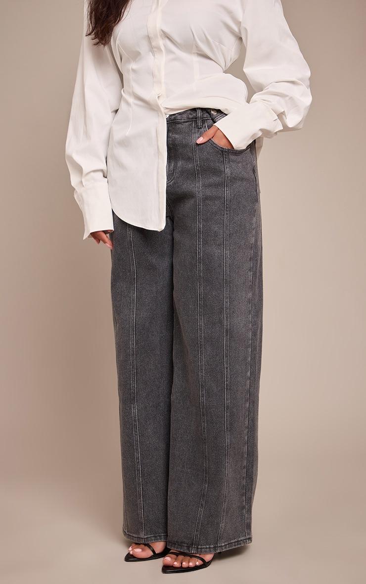 Pretty Little Thing Shape Charcoal Stretch Denim High Waisted Adjustable Button Wide Leg Jeans