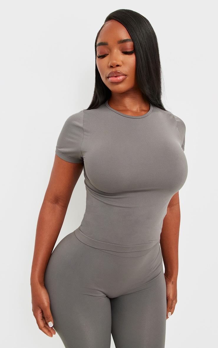 Pretty Little Thing Shape Charcoal Stretch Seamless Short Sleeve Longline Top
