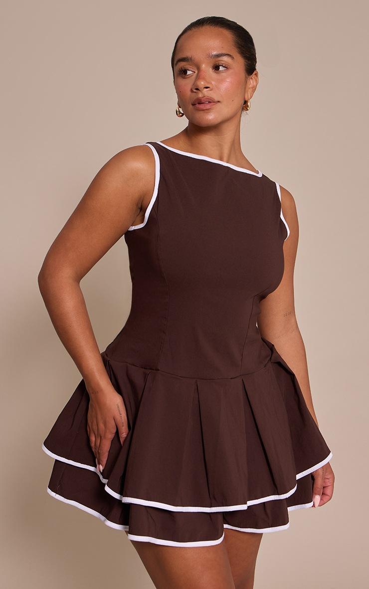 Pretty Little Thing Shape chocolate Contrast Binding Boat Neck Pleated Hem Mini Dress