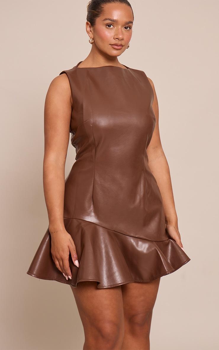 Pretty Little Thing Shape Chocolate Faux Leather Frill Detail Mini Dress