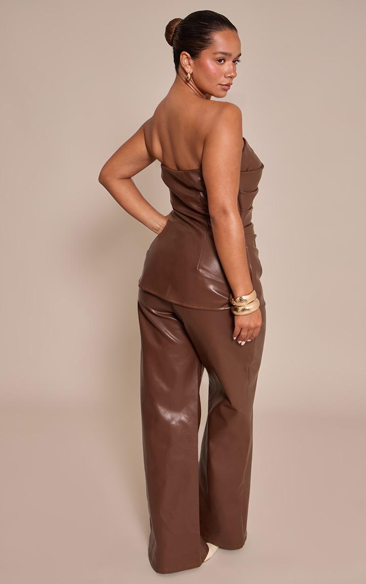 Pretty Little Thing Shape Chocolate Faux Leather Ruched Bandeau Wide Leg Jumpsuit