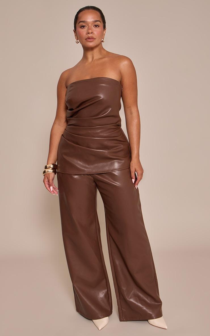Pretty Little Thing Shape Chocolate Faux Leather Ruched Bandeau Wide Leg Jumpsuit