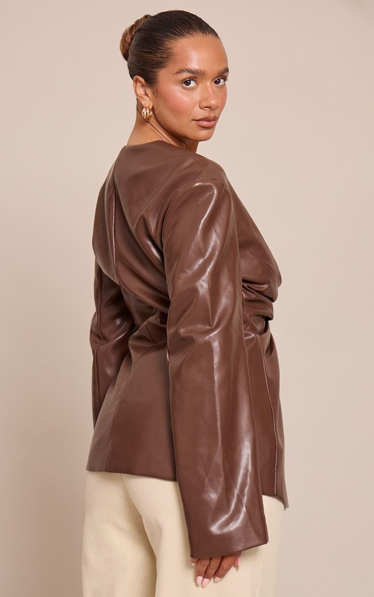 Pretty Little Thing Shape Chocolate Faux Leather Ruched Front Blazer