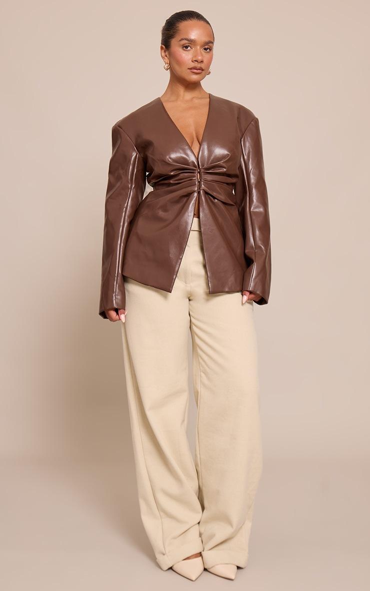 Pretty Little Thing Shape Chocolate Faux Leather Ruched Front Blazer