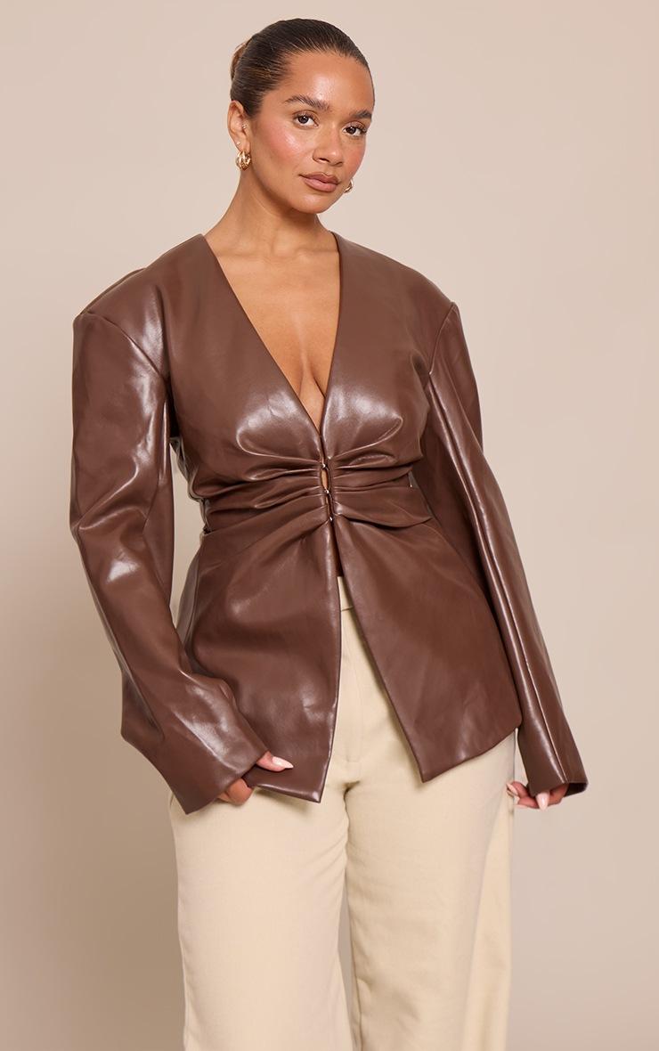 Pretty Little Thing Shape Chocolate Faux Leather Ruched Front Blazer