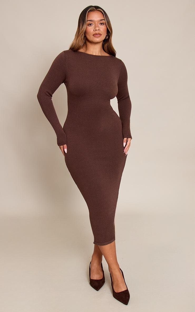 Pretty Little Thing Shape Chocolate Knit Boat Neck Long Sleeve Maxi Dress