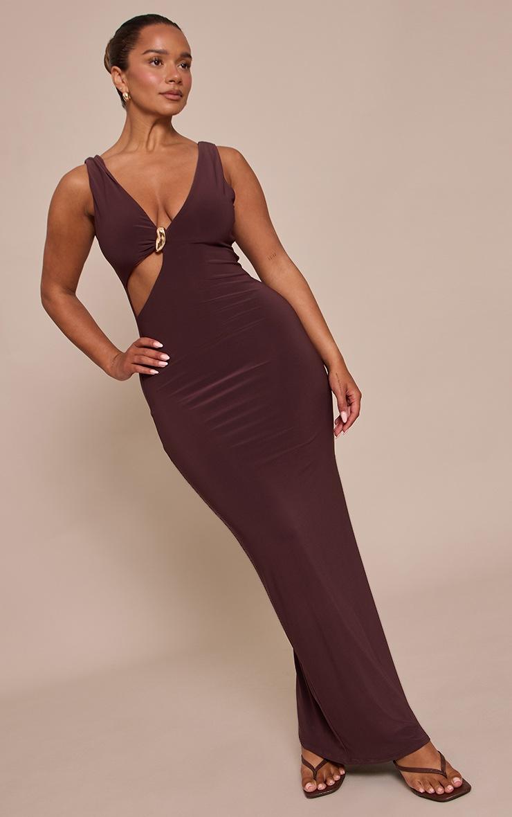 Pretty Little Thing Shape Chocolate Plunge Front Gold Trim Cut Out Maxi Dress