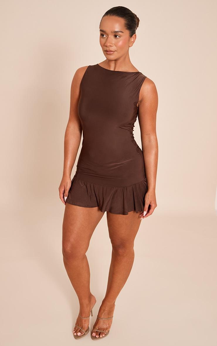 Pretty Little Thing Shape Chocolate Slinky Frill Detail Sleeveless Mini Dress