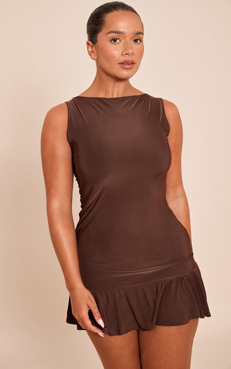 Pretty Little Thing Shape Chocolate Slinky Frill Detail Sleeveless Mini Dress