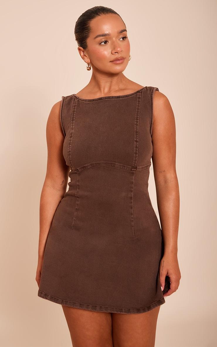Pretty Little Thing Shape Chocolate Stretch Denim Boat Neck A-line Mini Dress