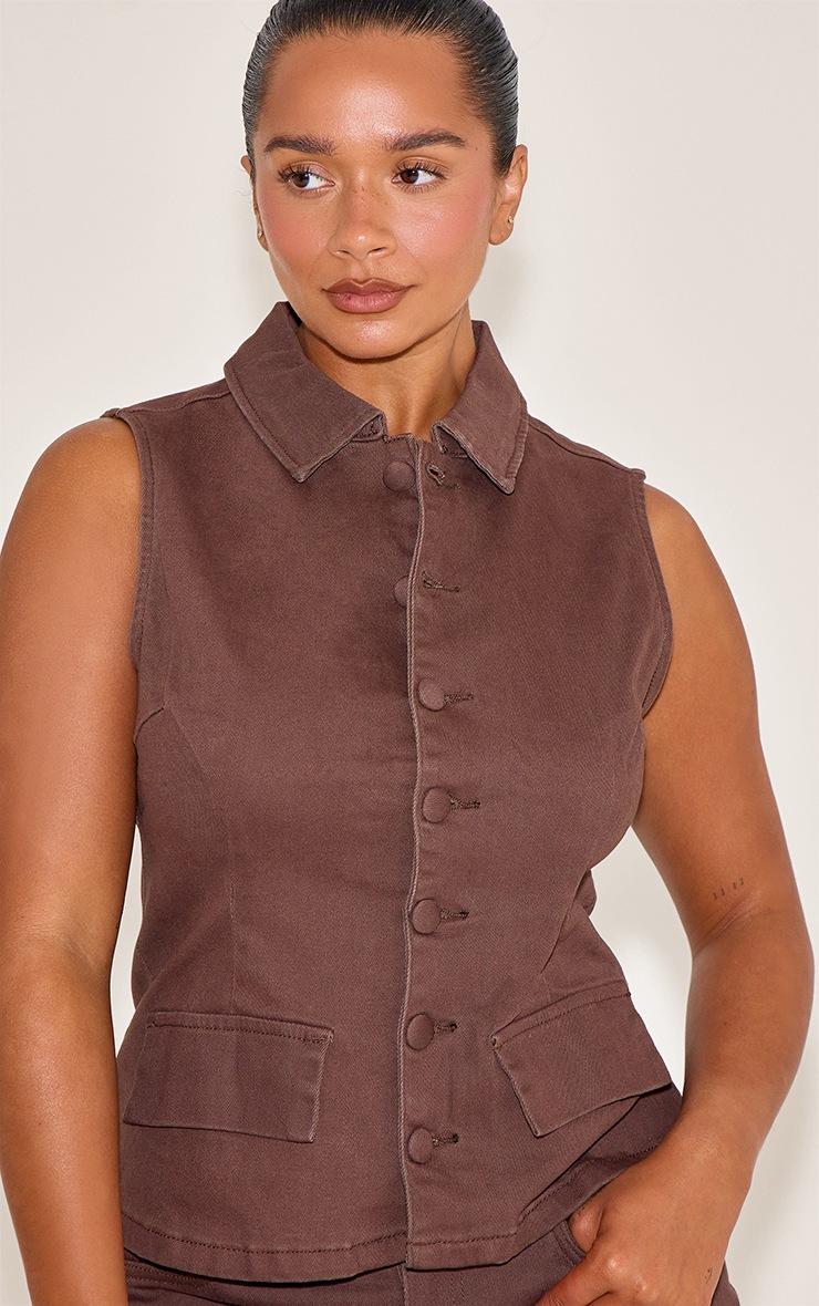 Pretty Little Thing Shape Chocolate Stretch Denim Button Front Longline Top