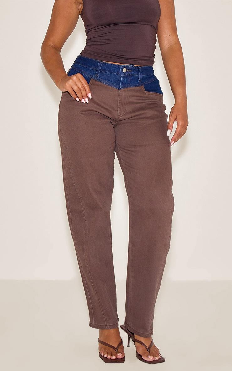 Pretty Little Thing Shape Chocolate Stretch Denim Highwaisted Contrast Straight Leg Jeans