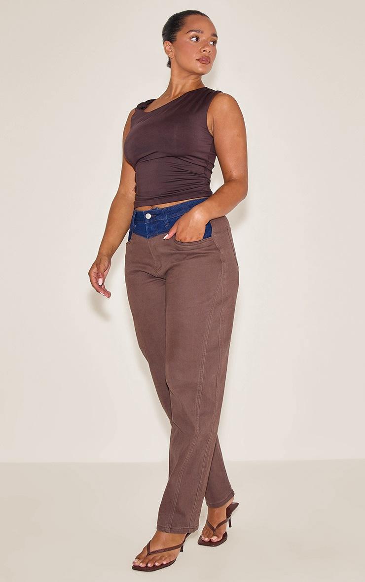 Pretty Little Thing Shape Chocolate Stretch Denim Highwaisted Contrast Straight Leg Jeans