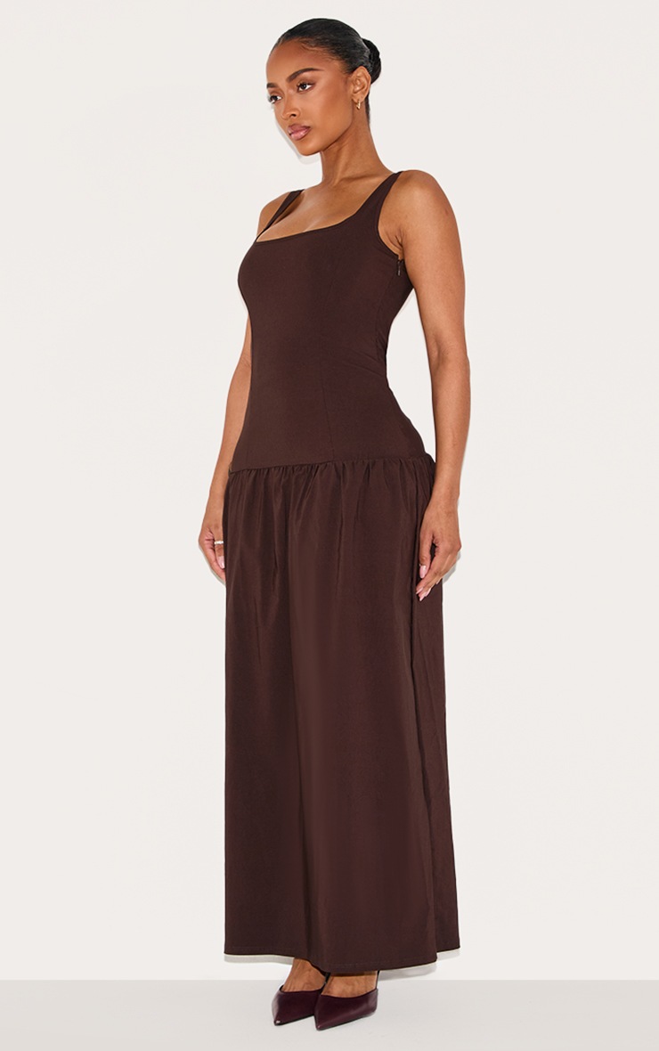 Pretty Little Thing Shape Chocolate Stretch Woven Square Neck Dropped Hem Maxi Shift Dress