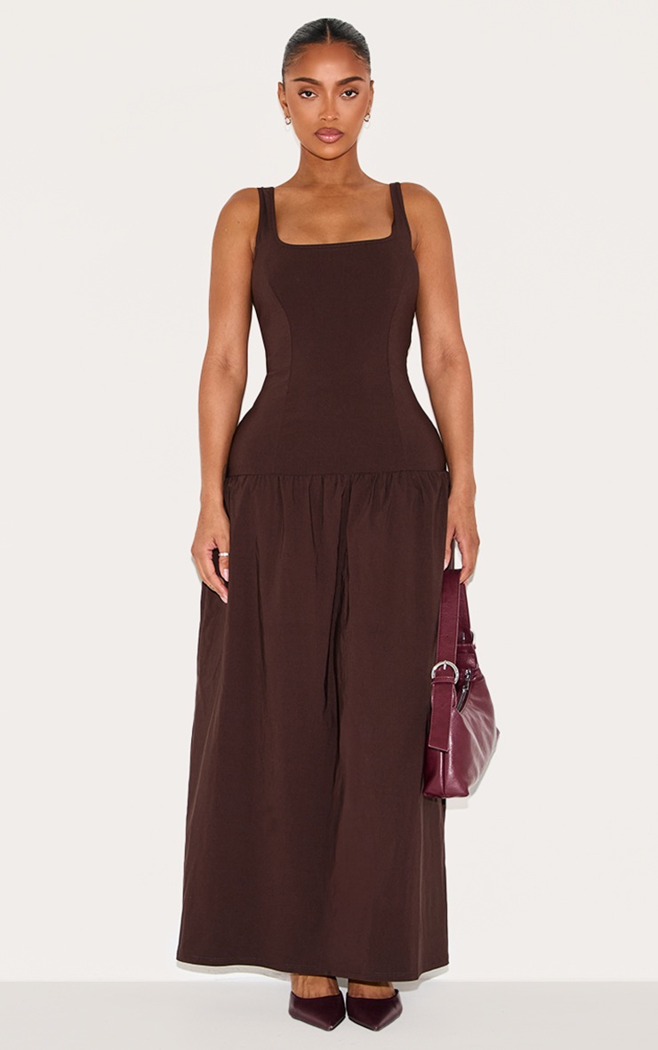 Pretty Little Thing Shape Chocolate Stretch Woven Square Neck Dropped Hem Maxi Shift Dress