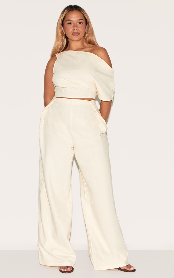 Pretty Little Thing Shape Cream Linen Look Asymetrical Off The Shoulder Top