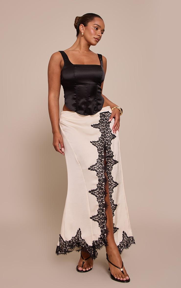 Pretty Little Thing Shape Cream Satin Lace Mix Split Midi Skirt