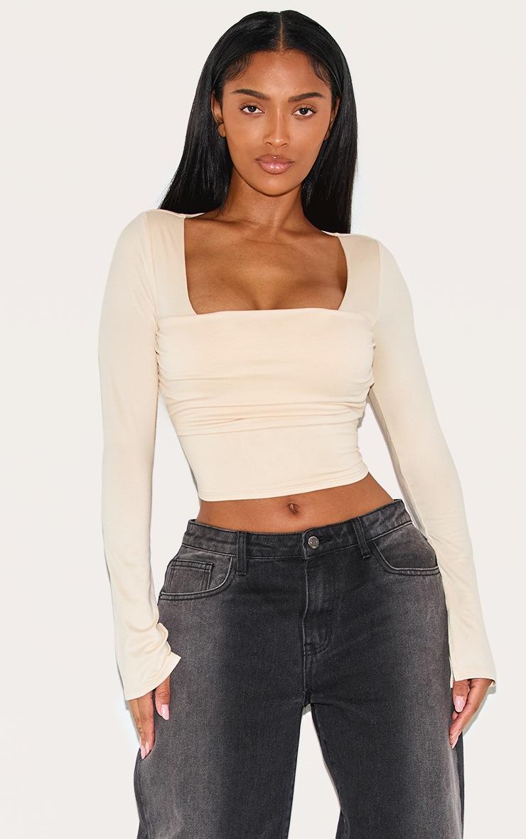 Pretty Little Thing Shape Cream Super Soft Scoop Neck Ruched Bust Long Sleeve Top