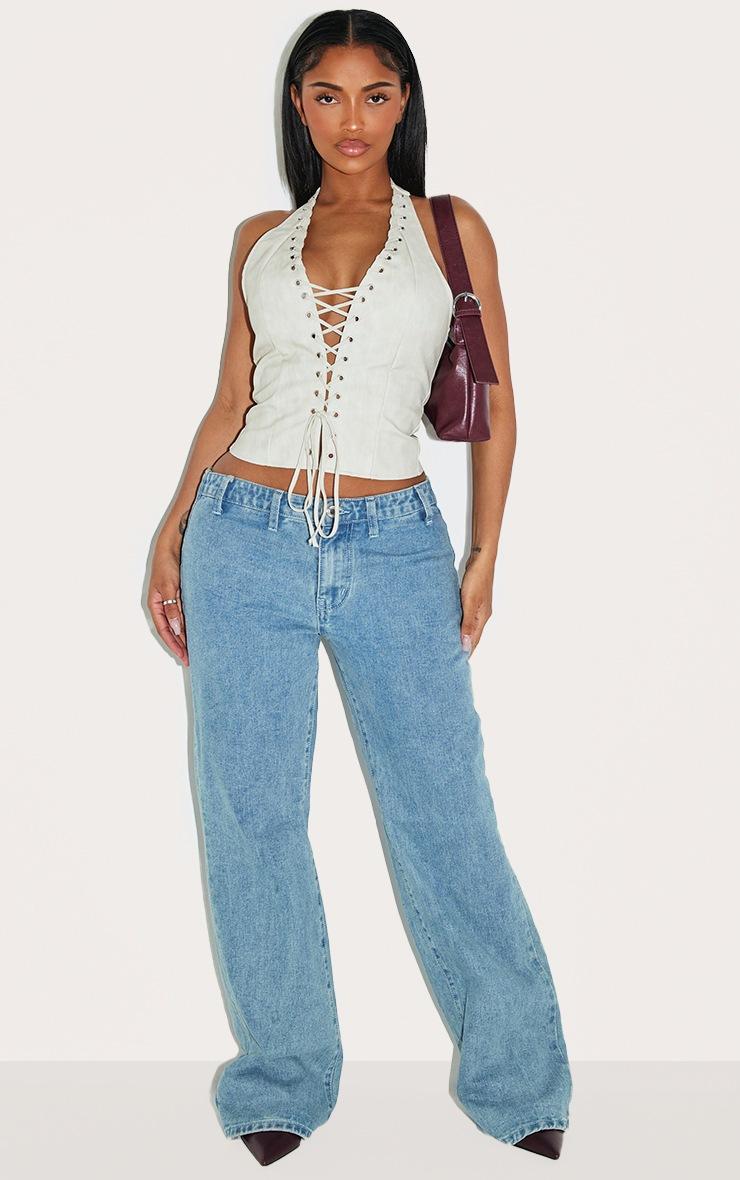 Pretty Little Thing Shape Cream Washed Faux Leather Halter Neck Lace Up Corset