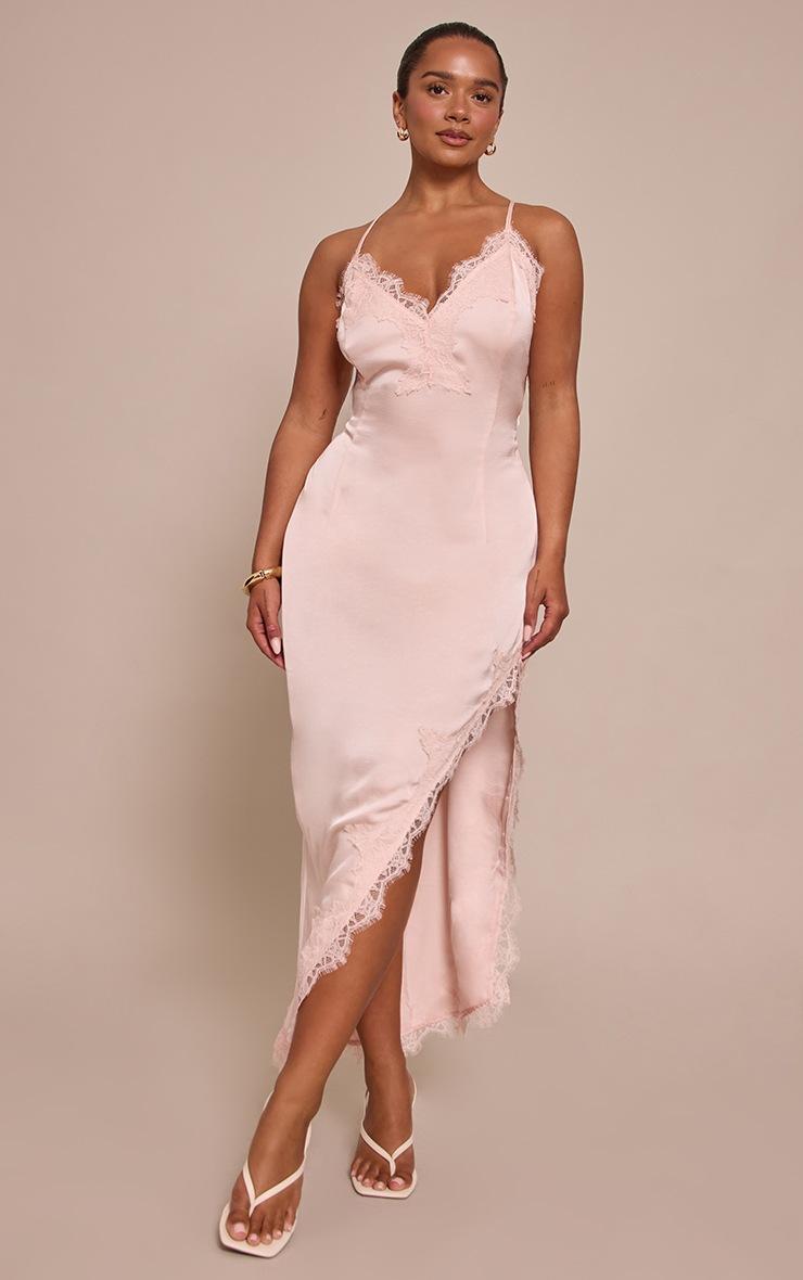 Pretty Little Thing Shape Dusty Pink Satin Lace Mix Strappy Mid Dress