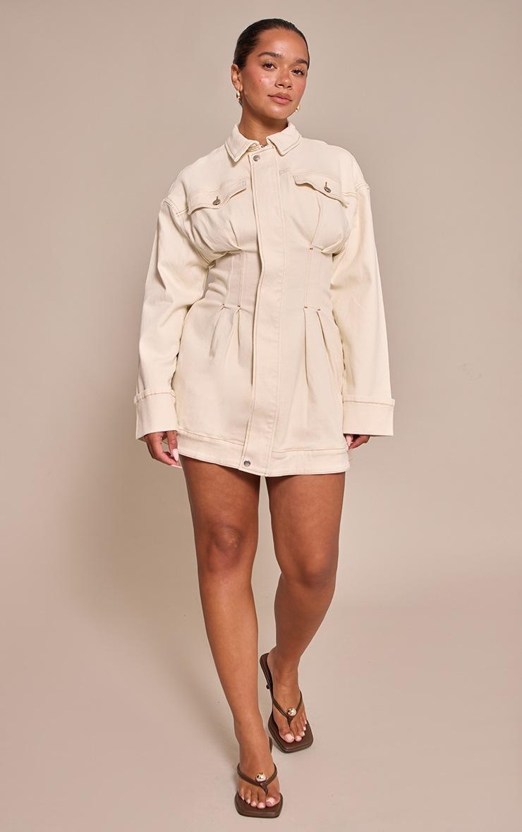Pretty Little Thing Shape Ecru Stretch Denim Cinched Waist Mini Dress