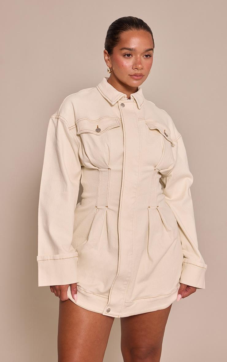 Pretty Little Thing Shape Ecru Stretch Denim Cinched Waist Mini Dress