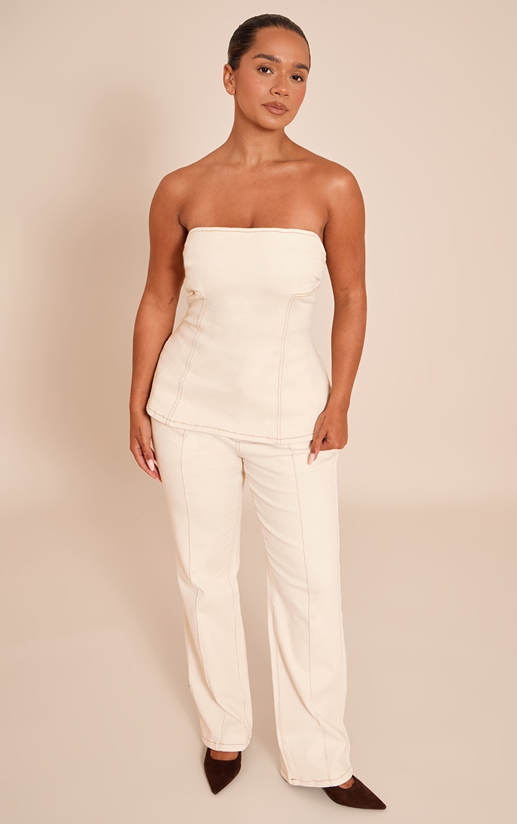 Pretty Little Thing Shape Ecru Stretch Denim High Waisted Pintuck Adjustable Back Detail Jeans