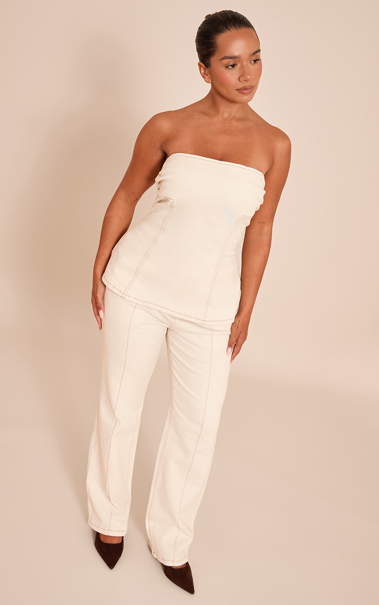 Pretty Little Thing Shape ecru Stretch Denim High waisted Pintuck Adjustable Back Detail Jeans