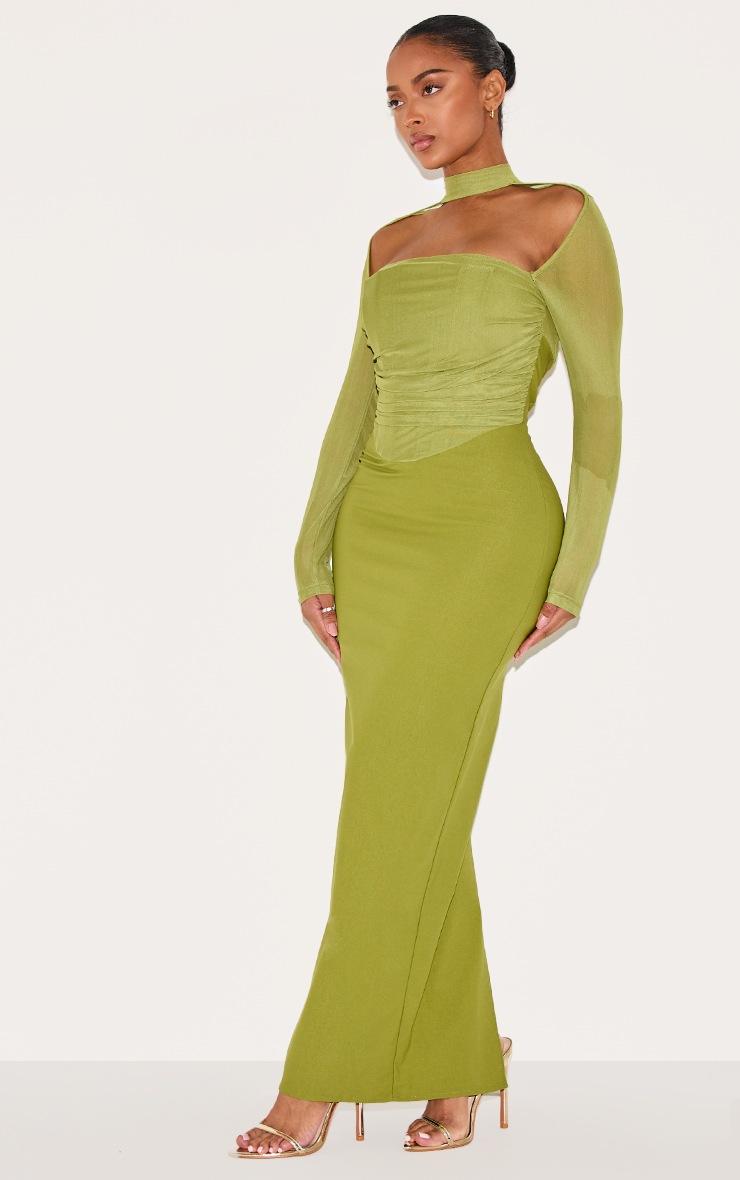 Pretty Little Thing Shape Green Mesh Long Sleeve Ruched Corset Maxi Dress