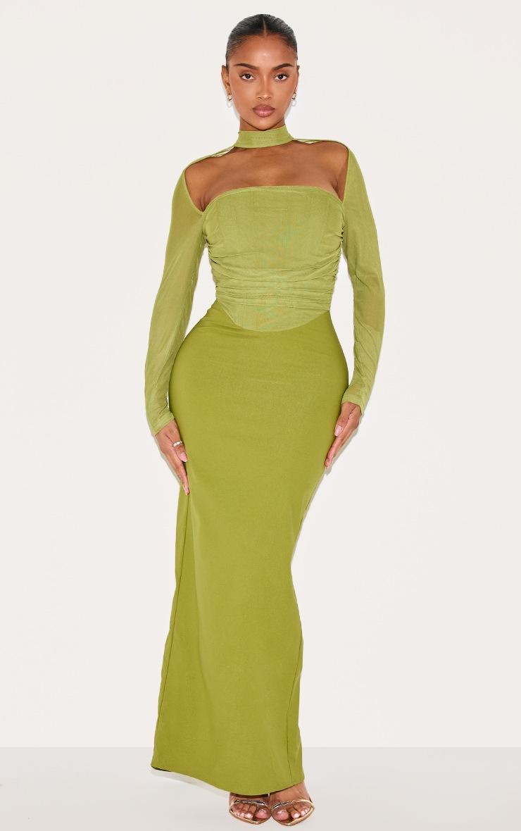 Pretty Little Thing Shape Green Mesh Long Sleeve Ruched Corset Maxi Dress