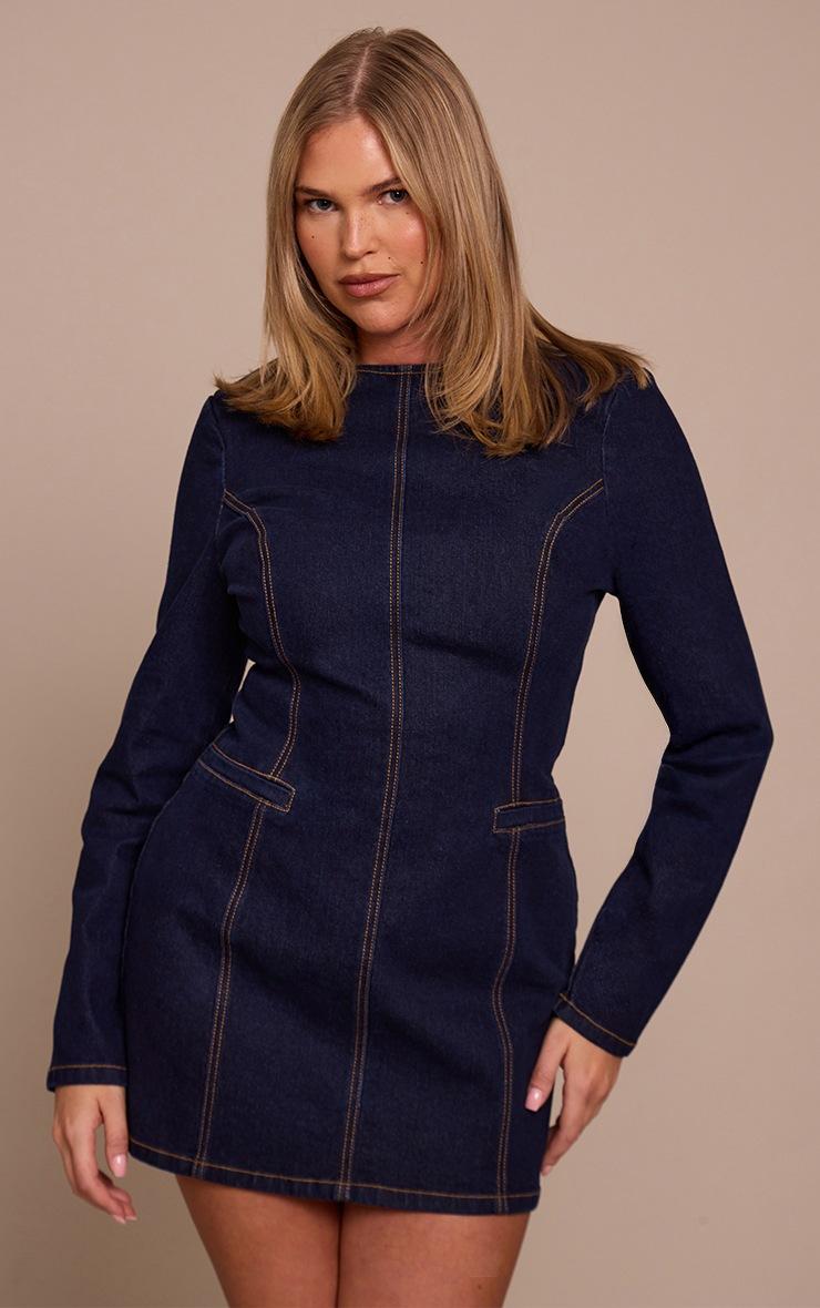 Pretty Little Thing Shape Indigo Denim Seam Detail Long Sleeve Mini Dress