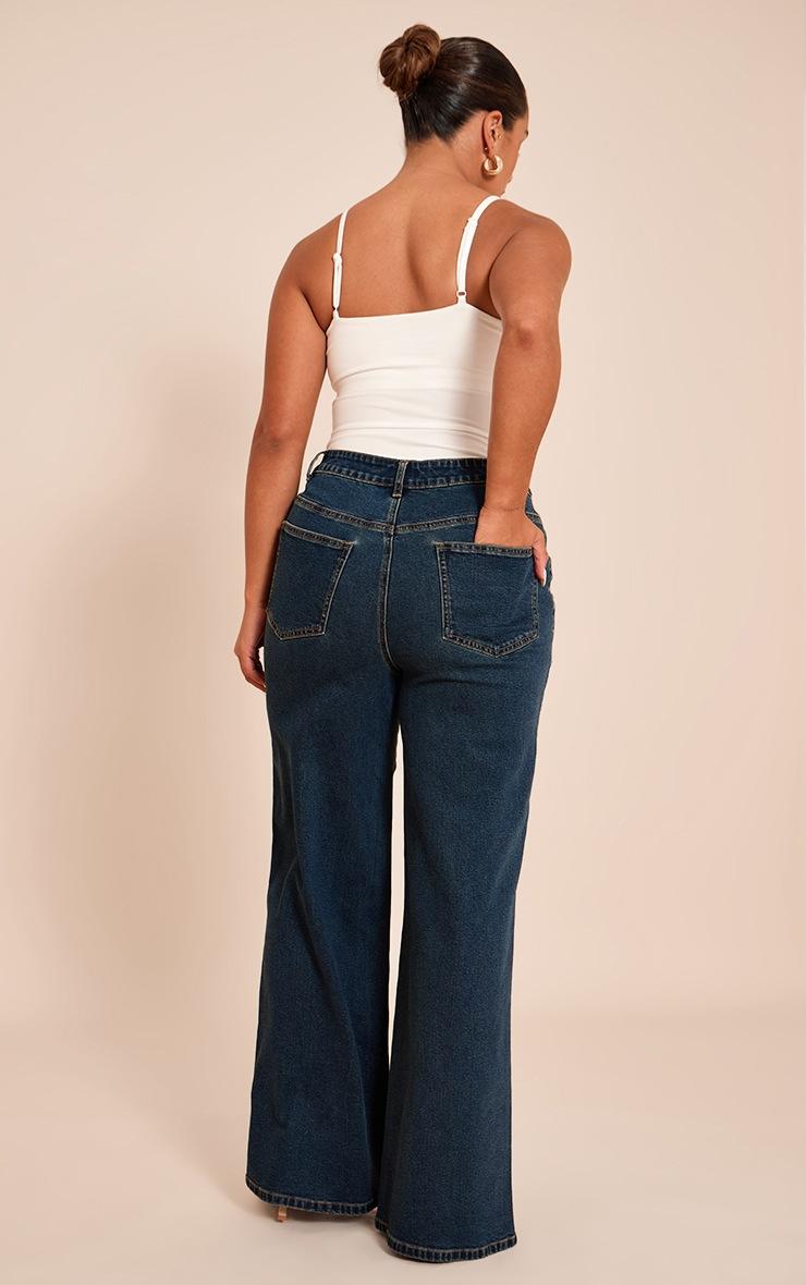 Pretty Little Thing Shape Indigo Seam Detail Dipped V Waist Wide Leg Denim Jeans