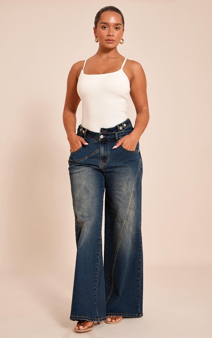 Pretty Little Thing Shape Indigo Seam Detail Dipped V Waist Wide Leg Denim Jeans