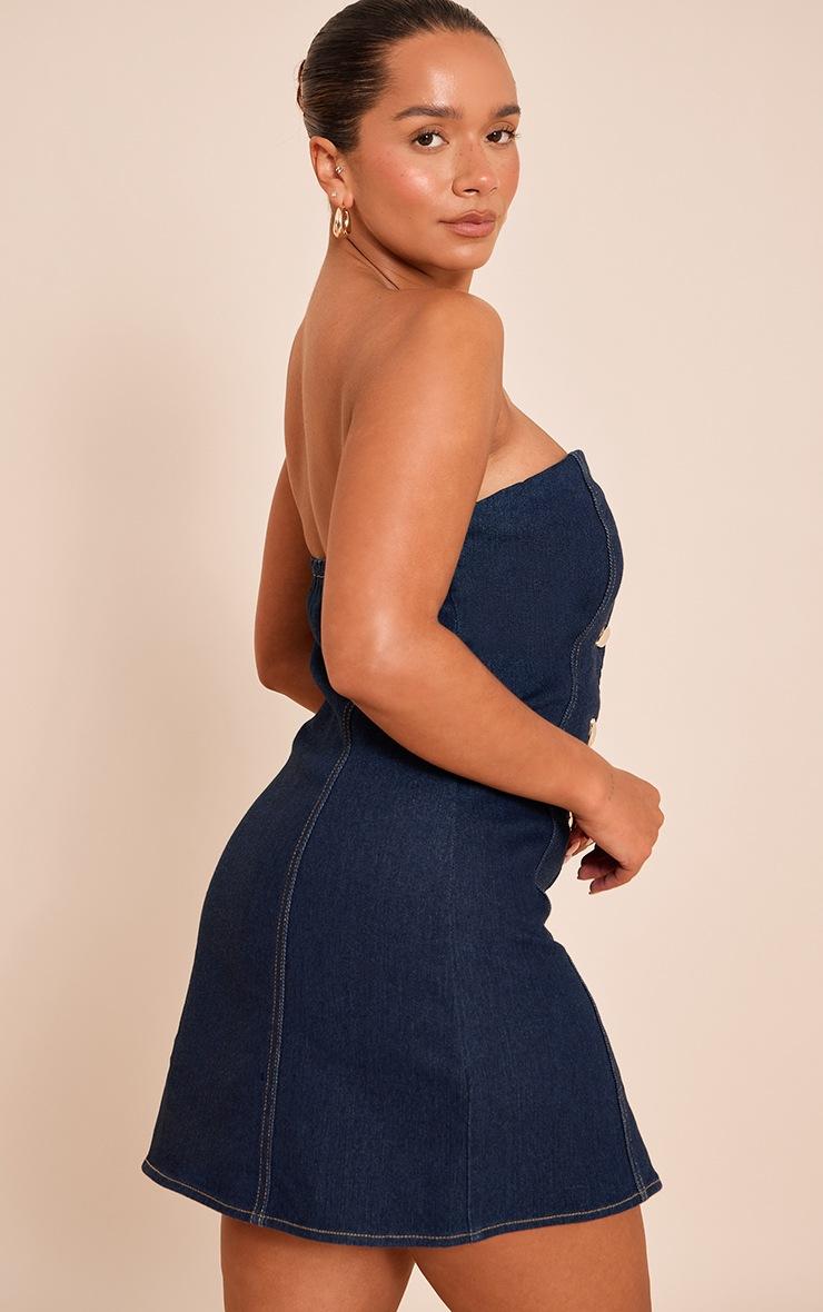Pretty Little Thing Shape Indigo Stretch Denim Gold Button Trim Bandeau Mini Dress