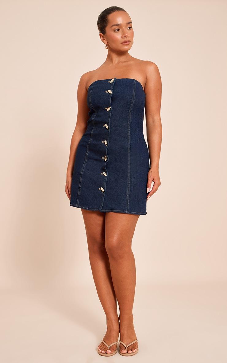 Pretty Little Thing Shape Indigo Stretch Denim Gold Button Trim Bandeau Mini Dress