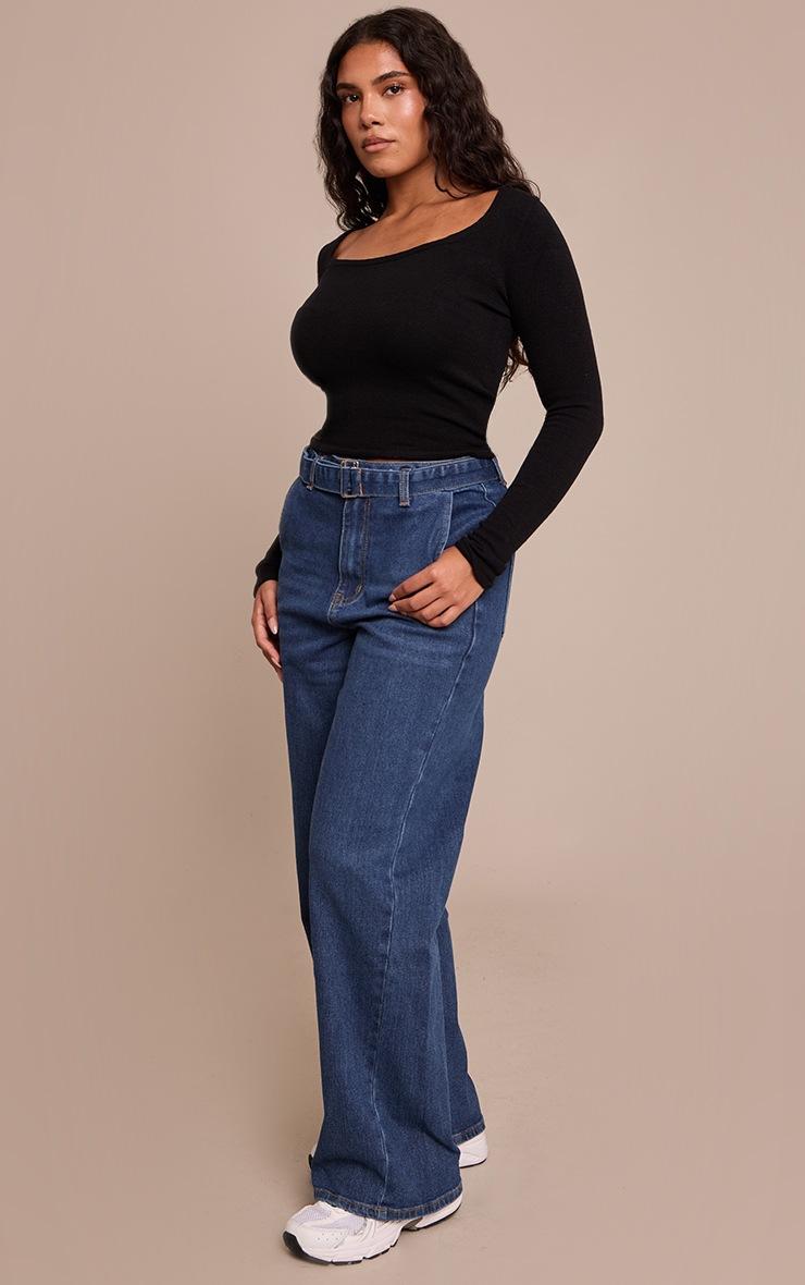 Pretty Little Thing Shape Indigo Stretch Denim High Waisted Belted Wide Leg Jeans