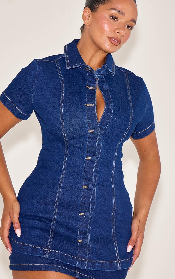 Pretty Little Thing Shape Indigo Stretch Denim Longline Button Front Short Sleeve Shirt