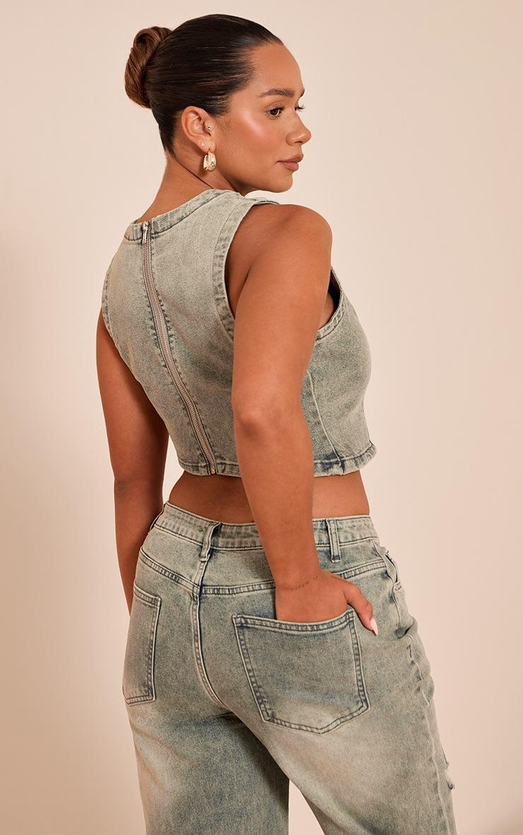 Pretty Little Thing Shape Indigo Vintage Wash Stretch Denim Washed Asymmetric Crop Top