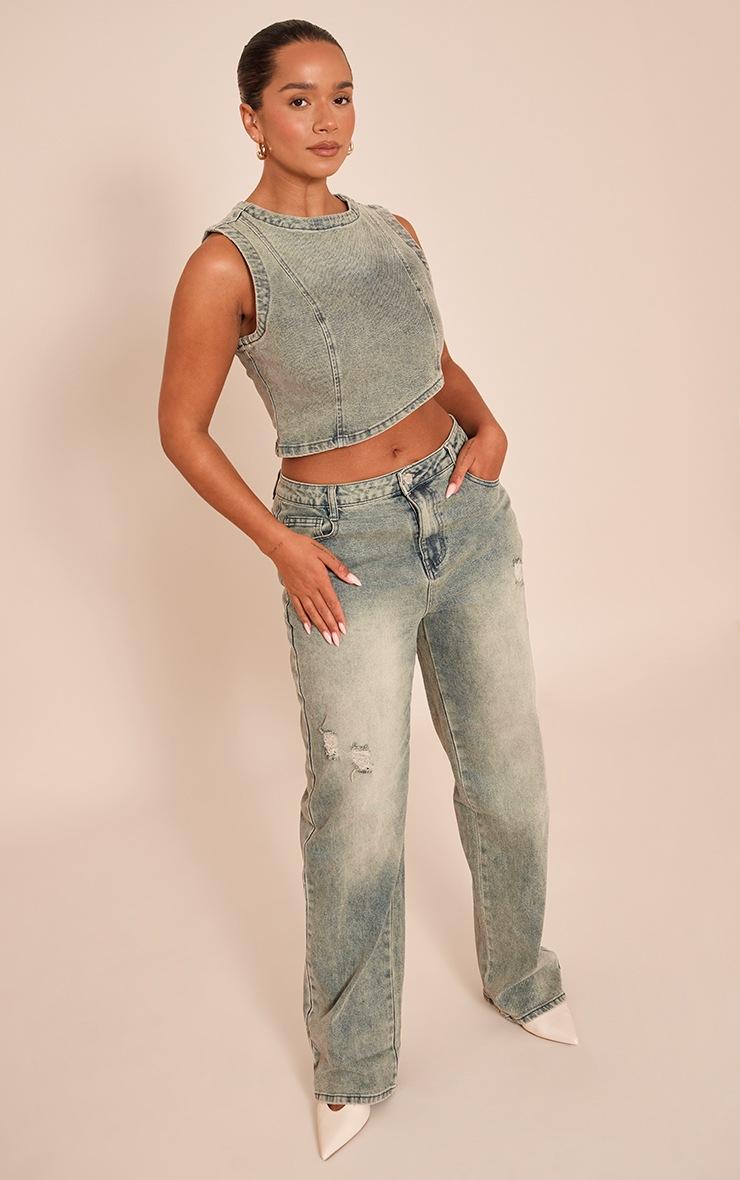 Pretty Little Thing Shape Indigo Vintage Wash Stretch Denim Washed Asymmetric Crop Top