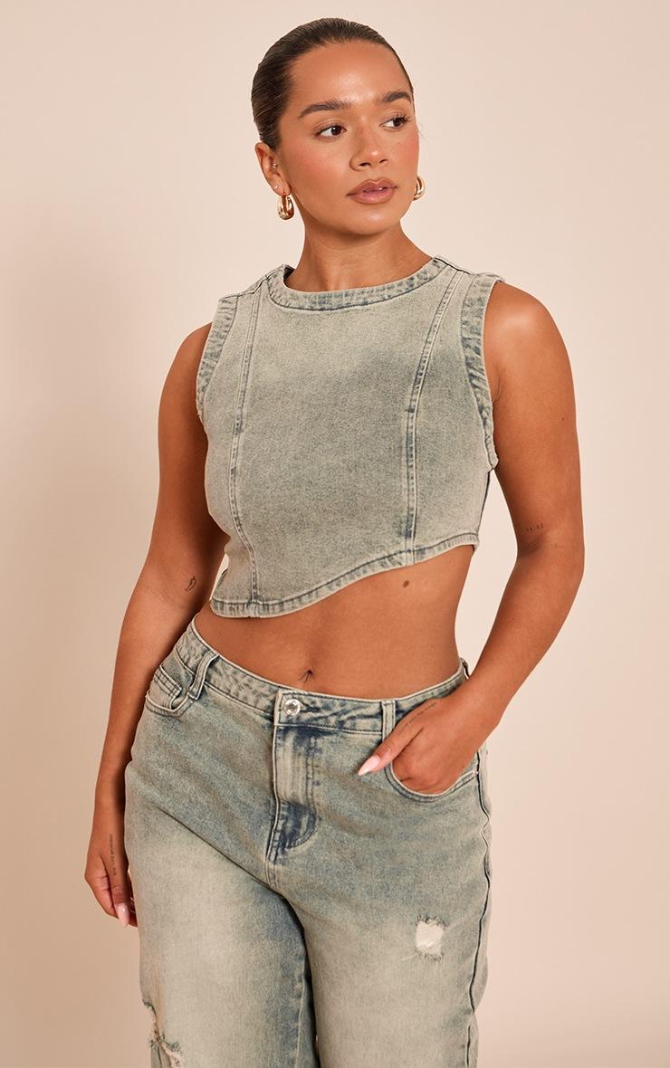 Pretty Little Thing Shape Indigo Vintage Wash Stretch Denim Washed Asymmetric Crop Top