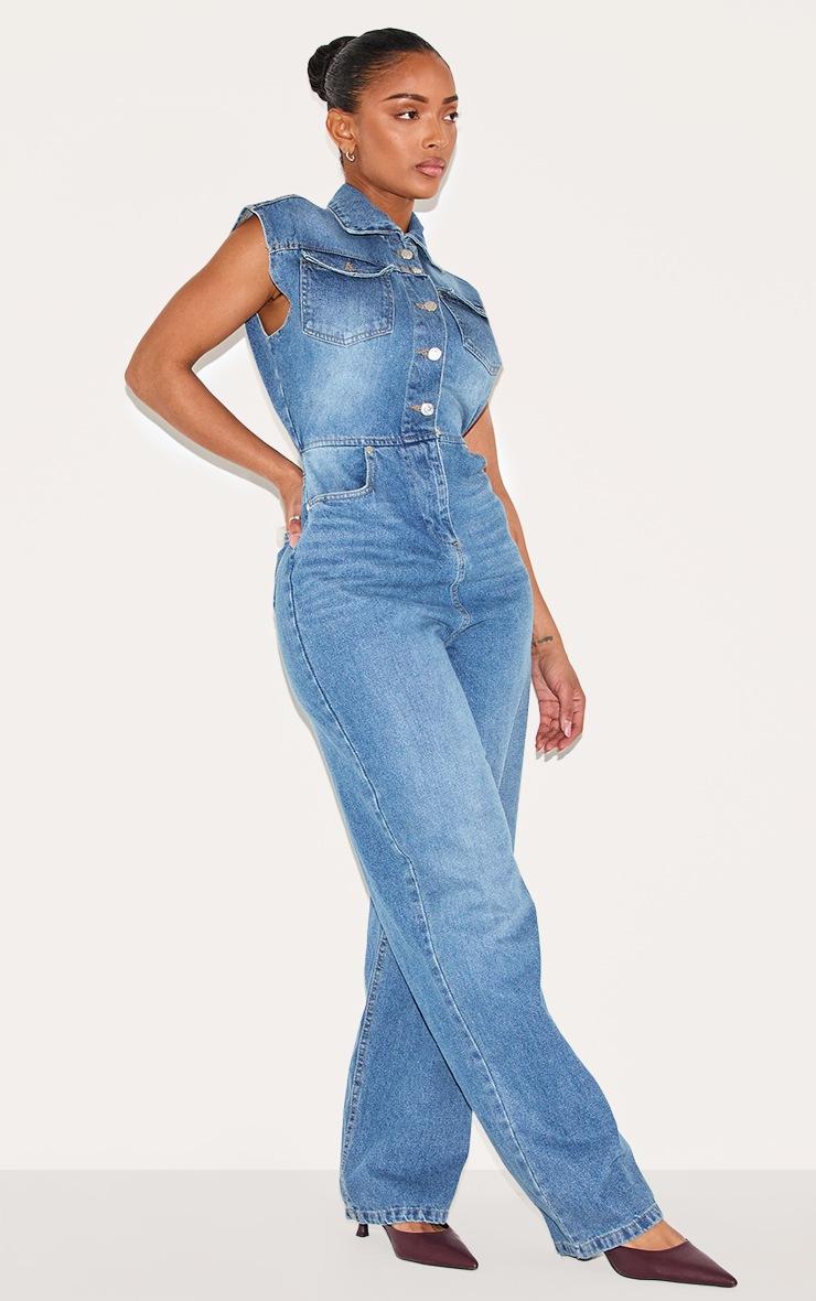 Pretty Little Thing Shape Light Blue Sleeveless Rigid Denim Jumpsuit
