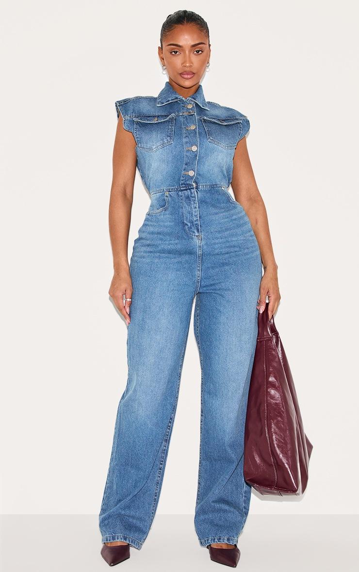 Pretty Little Thing Shape Light Blue Sleeveless Rigid Denim Jumpsuit