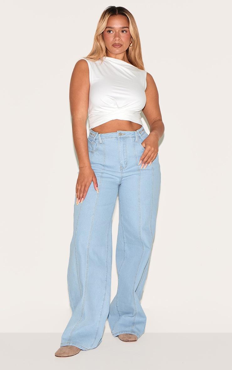 Pretty Little Thing Shape Light Blue Stretch Denim Highwaisted Adjustable Button Wide Leg Jeans