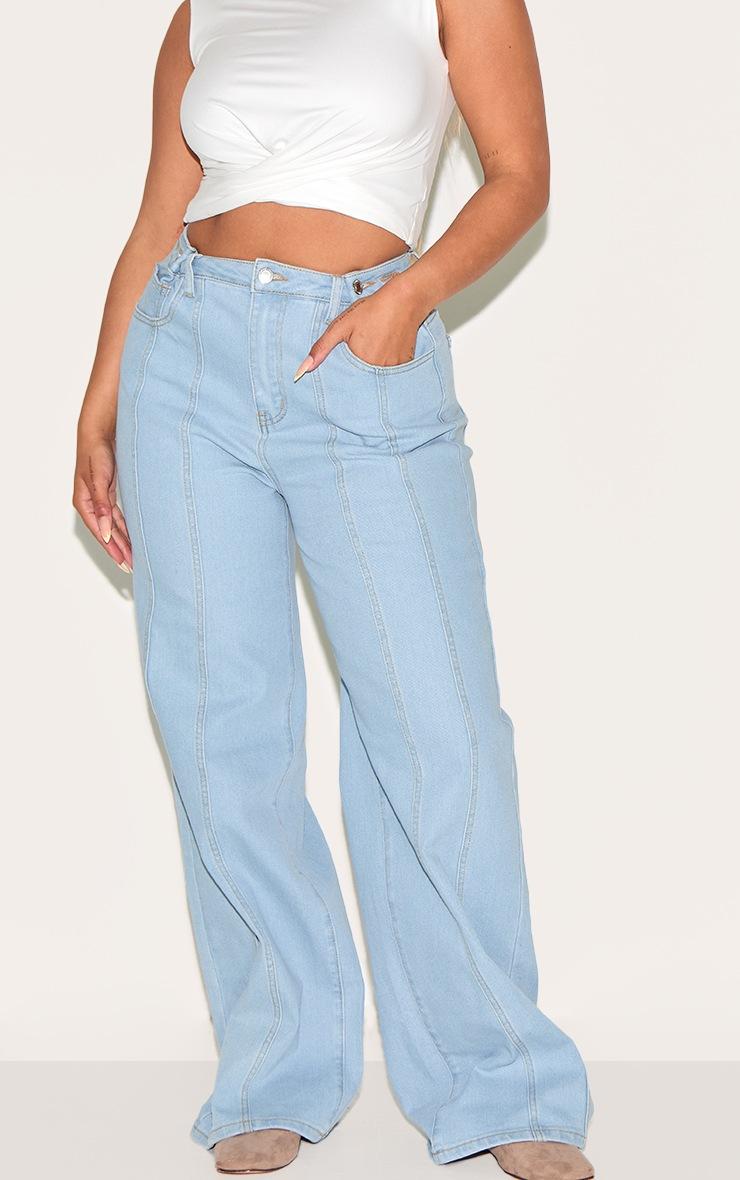 Pretty Little Thing Shape Light Blue Stretch Denim Highwaisted Adjustable Button Wide Leg Jeans