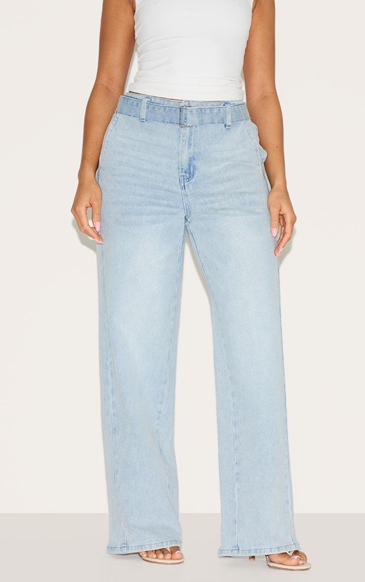 Pretty Little Thing Shape Light Blue Stretch Denim Highwaisted Belted Wide Leg Jeans